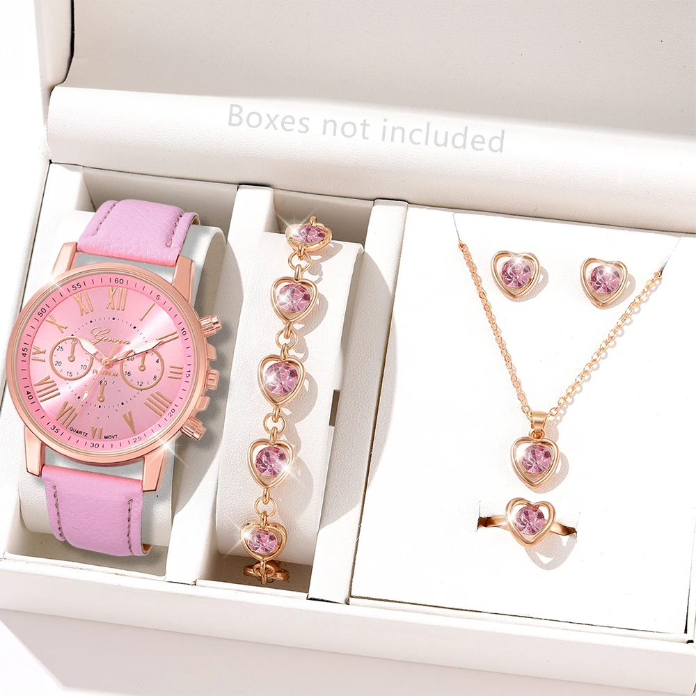 Pink 6PCS/Set Women Watch Roman Numeral Dial Quartz Wristwatch PU Leather Strap Watch Heart Diamond Jewelry Set Gift For Her