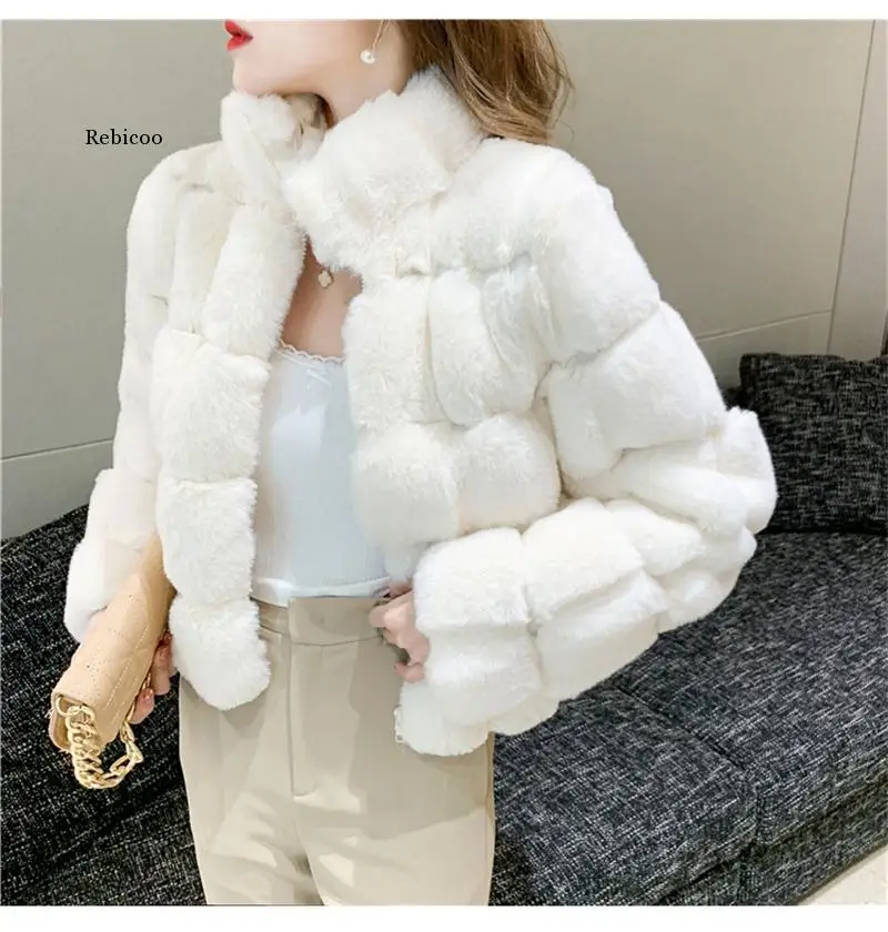 

Winter Faux Rabbit Fur Coat Women Long Sleeve Zip Lapel OverCoat Thick Warm Plush Jacket