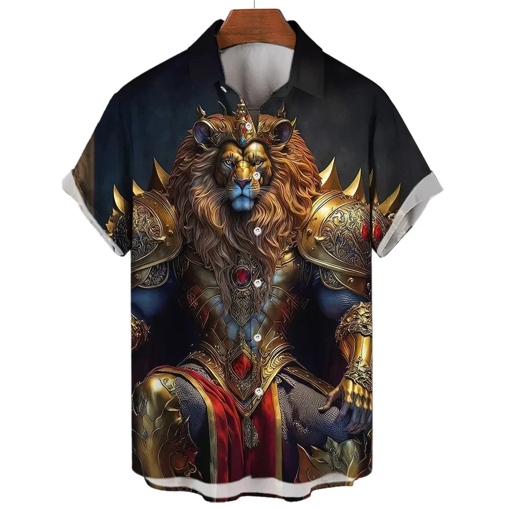 Men\'s Short Sleeve Shirt Handsome Lion Print Lapel Button Unisex Clothing Casual Large Size Comfortable Men\'s Shirt 2024 New Sty