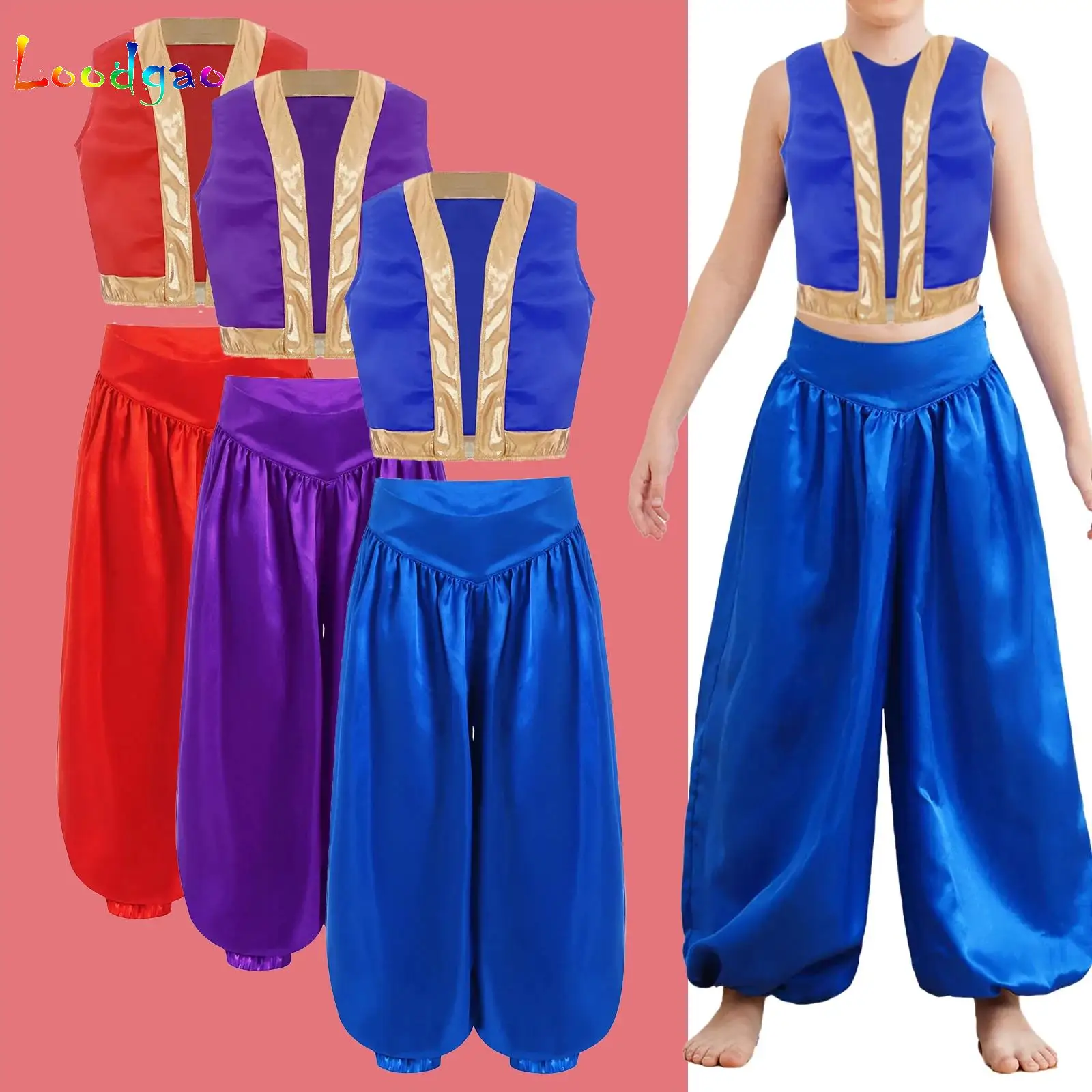 

Boys Girls Arabian Prince Princess Cosplay Dress Up Vest Waistcoat Harem Pants Suit Halloween Party Carnival Stage Performance
