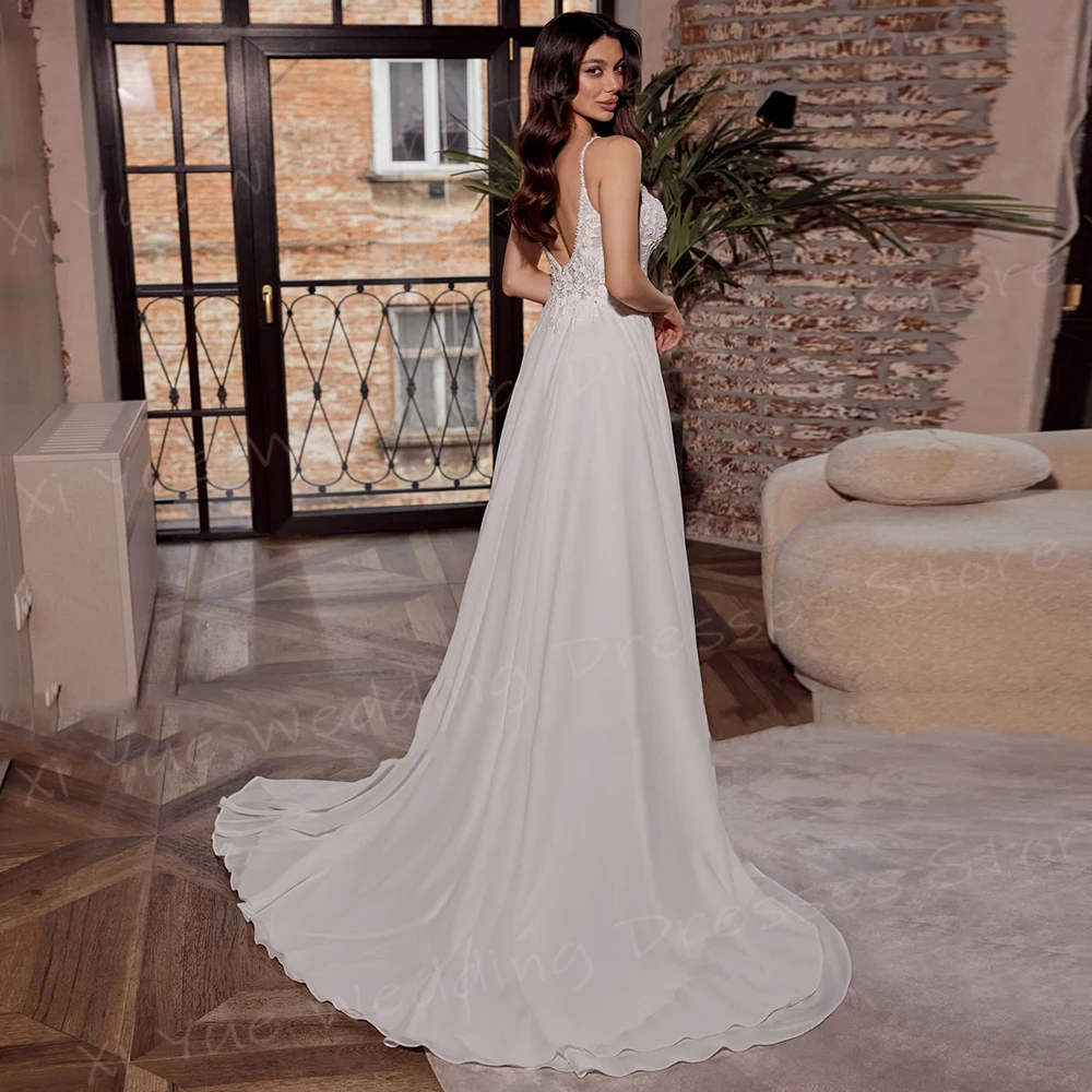 Abiti da sposa classici da donna A Line Appliques Sexy abiti da sposa in pizzo spalline alla moda senza maniche Vestido De Noivas