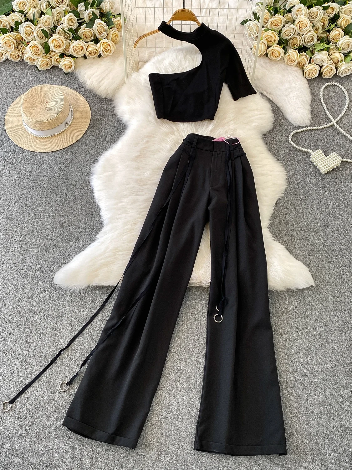 

Sexy Hollow out Shoulder Bridesmaid Short Top Women Casual Belt High Waist Slimming Wide Leg Pants Two Piece Set Fashionable ...