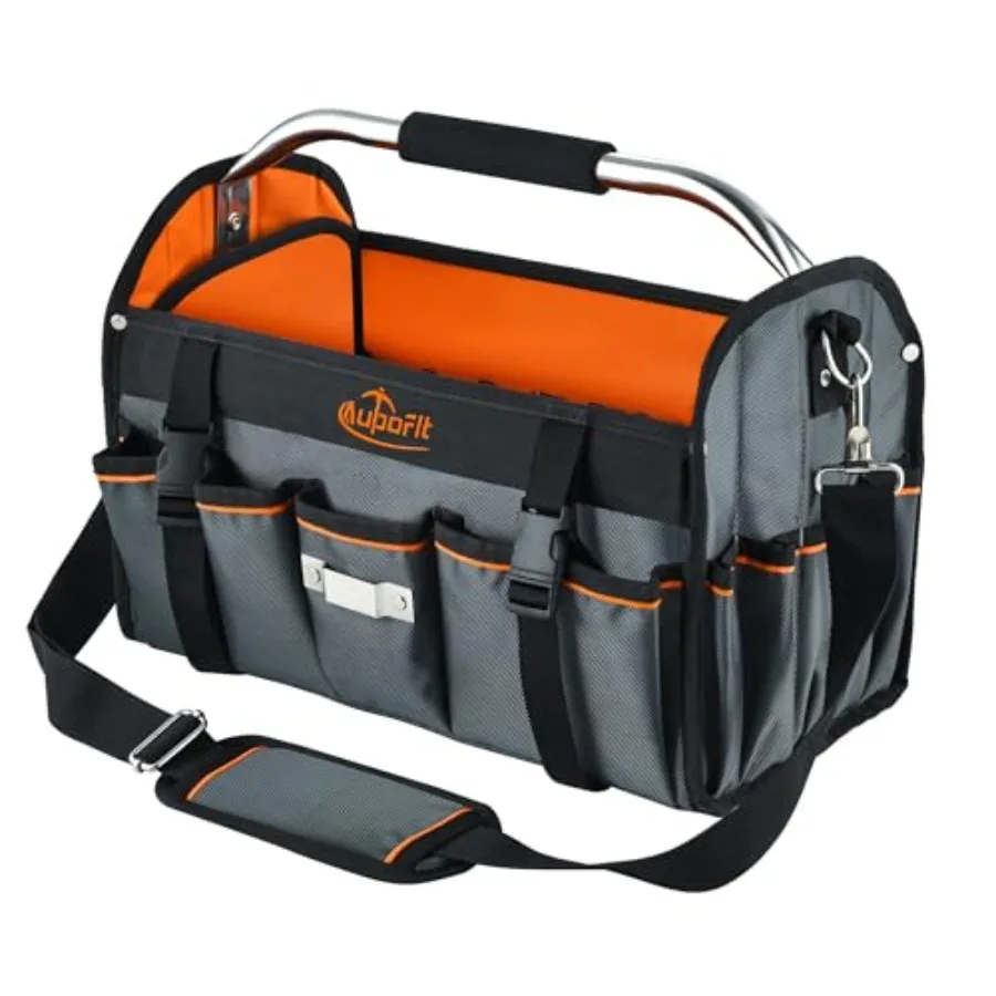 

16 Inch Open Top Tool Bag Thick 1680D Fabric Foldable 29 Pockets Tool Tote Bags with Stainless Steel Handle and Padded Shoulder