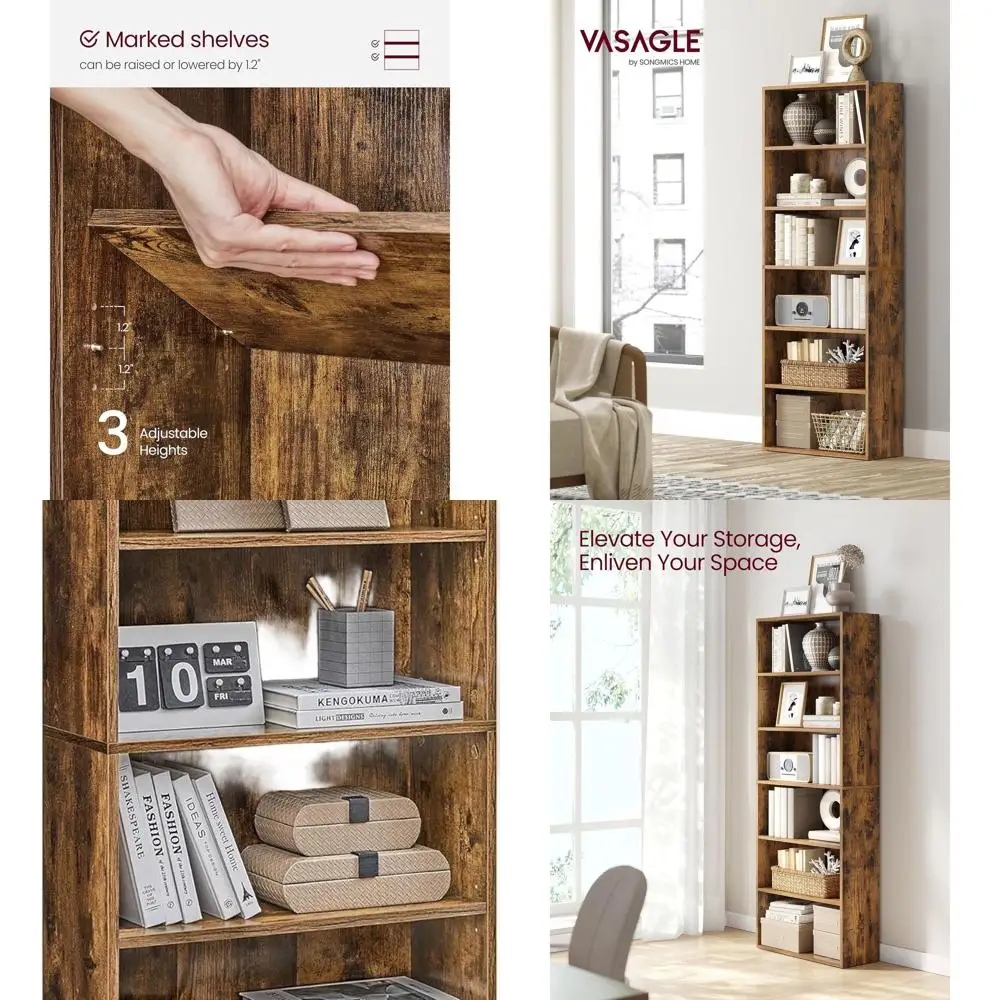 

6-Tier Rustic Brown Bookshelf, Open Storage Unit, 9.4x23.6x63.3, Suitable for Living Room, Home Office, Dining Area, ULBC166X01