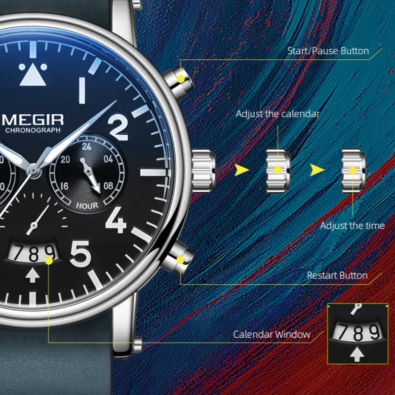 MEGIR 2149 jam tangan kuarsa untuk pria, Arloji kulit kasual tahan air, jam tangan bisnis bercahaya dengan fitur Chronograph untuk pria