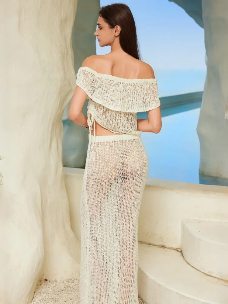 ملابس السباحة تنورة التستر 2 قطعة مجموعة بلوزات غير مغطية للكتف المحاصيل وتنورة ماكسي ثوب السباحة موضة مثير الشاطئ التستر وتتسابق