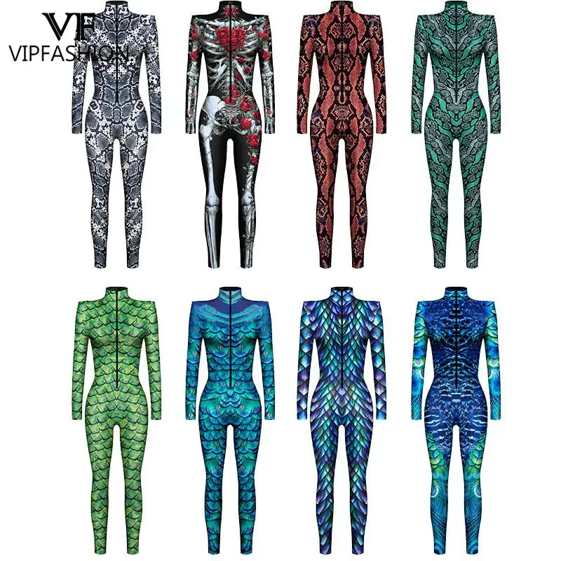 VIP-Mode sexy Frau Schlangen muster 3d Digitaldruck Damen Cosplay Kostüme Reiß verschluss enge Langarm Zentai Bodys