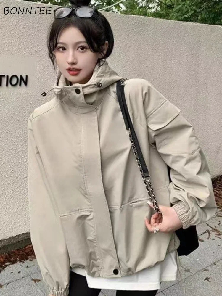 Hooded Jackets Women Drawstring Long-sleeved Loose Classic Prevalent Chic American Style All-match Daily Harajuku Autumn Coats