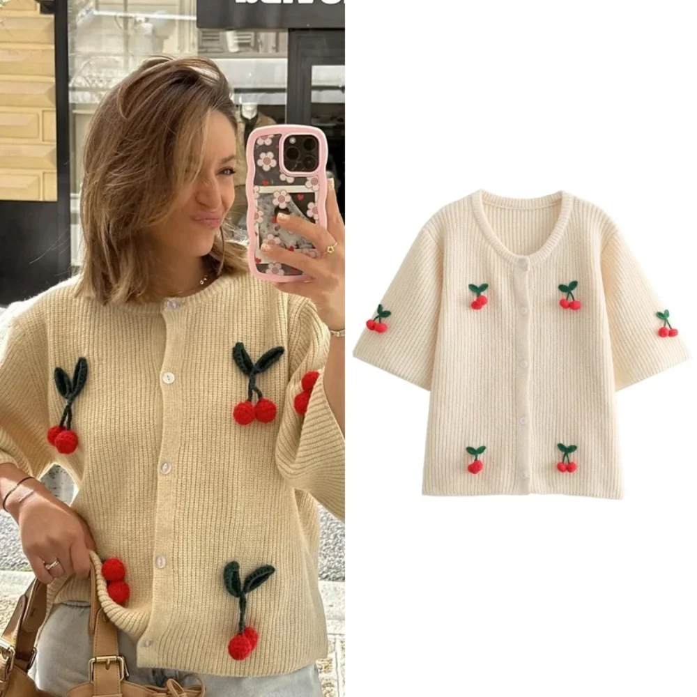 2024 Autumn and Winter New Product Women\'s Fashion and Casual Versatile Round Neck Cherry Decorative Sweater Short Sleeve