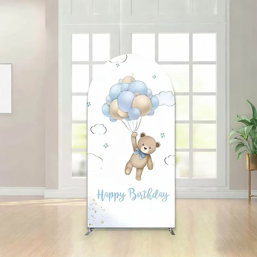 

Двусторонний фон-арка Chiara с дизайном «Медведь в воздушном шаре» и цветочным узором для детского дня рождения и вечеринки в честь рождения ребенка от Mehofond