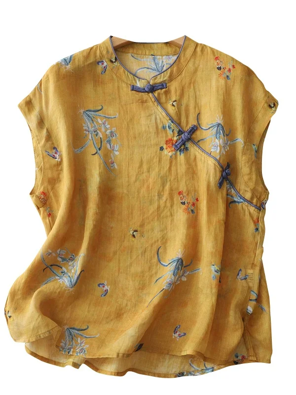 새로운 중국 스타일 여성 여름 슬림핏 레트로 프린트 엘레 탑 버튼업 전통 민족 의상