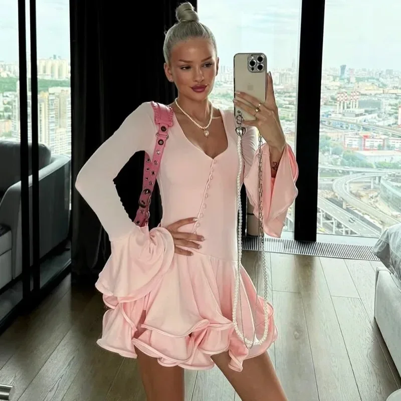 

Tuularose Fashion Ruffle Short Dress Sexy V Neck Long Sleeve Pleated Pink A-Line Dress Summer Y2k Party Looks New Women Dresses