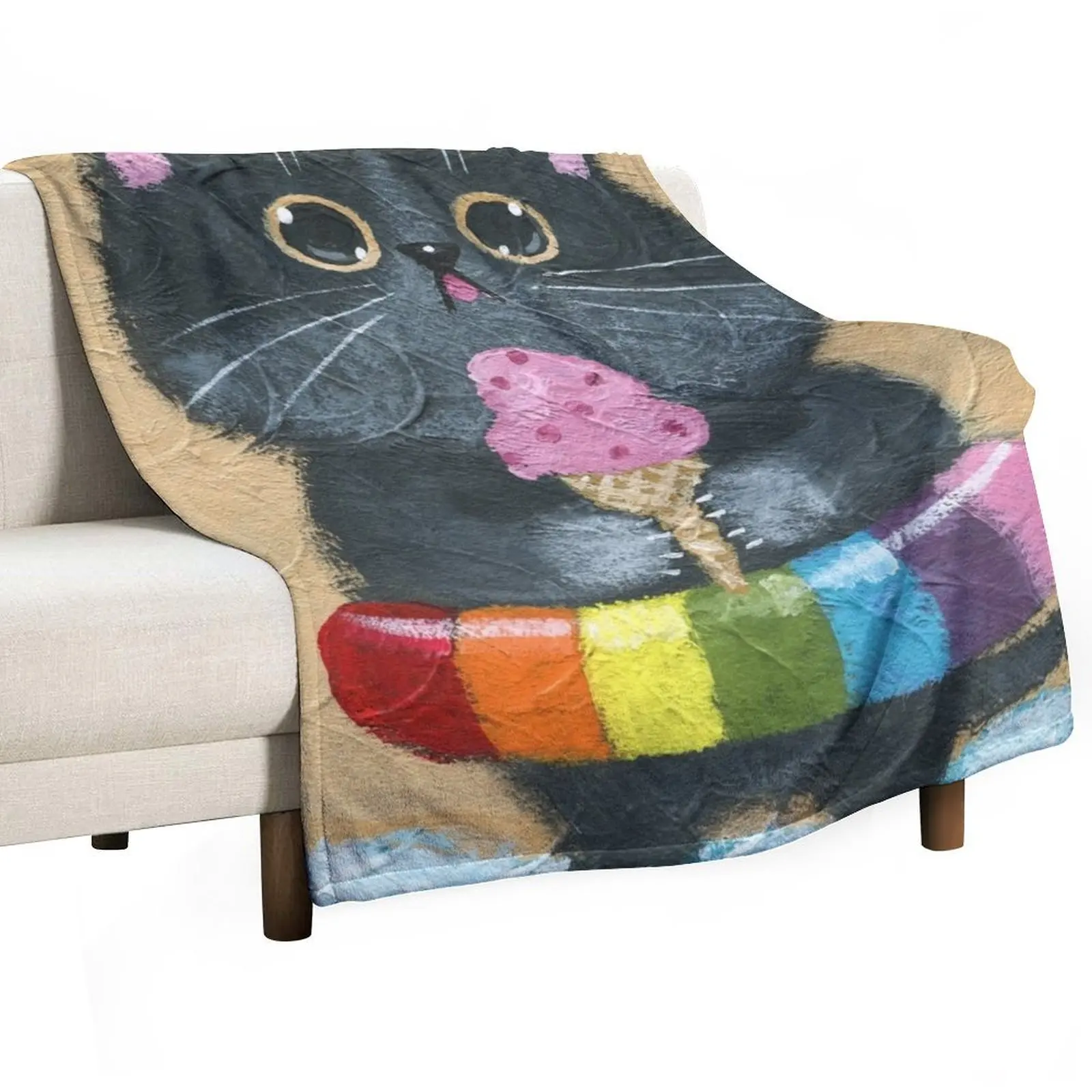 At The Beach, Ice Cream Cat Throw Blanket Decorative Beds Decorative Sofa for babies Hairys Vintage Tourist Blankets