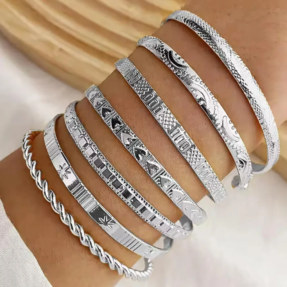 7 قطع خمر أنيقة المعين القلب تويست تصميم الإسورة سوار SilverColor السلس أساور مجموعة للنساء سحر المجوهرات هدية