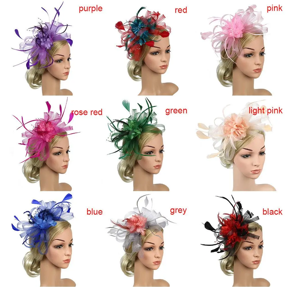 Women Royal Races Wedding  Bride Hair Fascinator Headdress Flower Hairclip Headband Beaded Feather