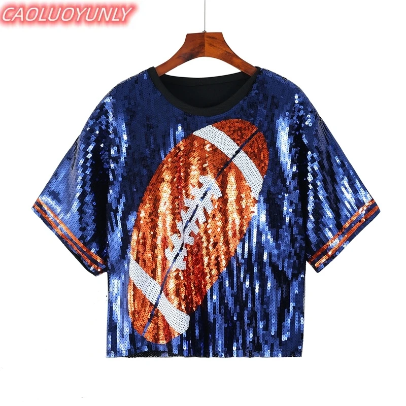 

Новая летняя уличная одежда с короткими рукавами, свободные блестки, модная женская футболка в стиле хип-хоп с геометрическим рисунком для ночного клуба, прямая женская футболка с круглым вырезом
