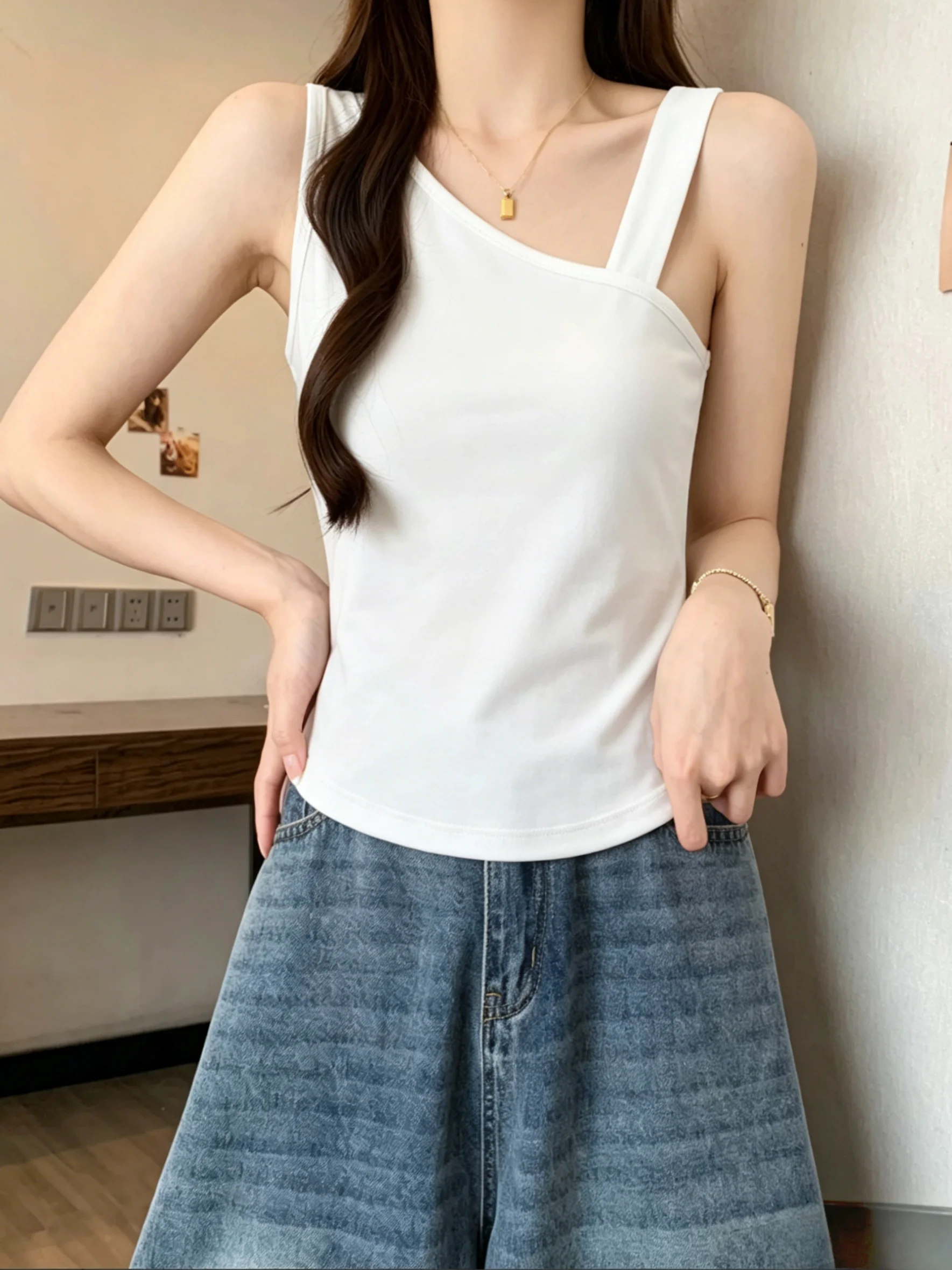 New 95 Cotton Asymmetrical Large Size Strap Vest Women's Spring Summer Versatile Inner Wear Slim Fit Outerwear Base Layer Sle...