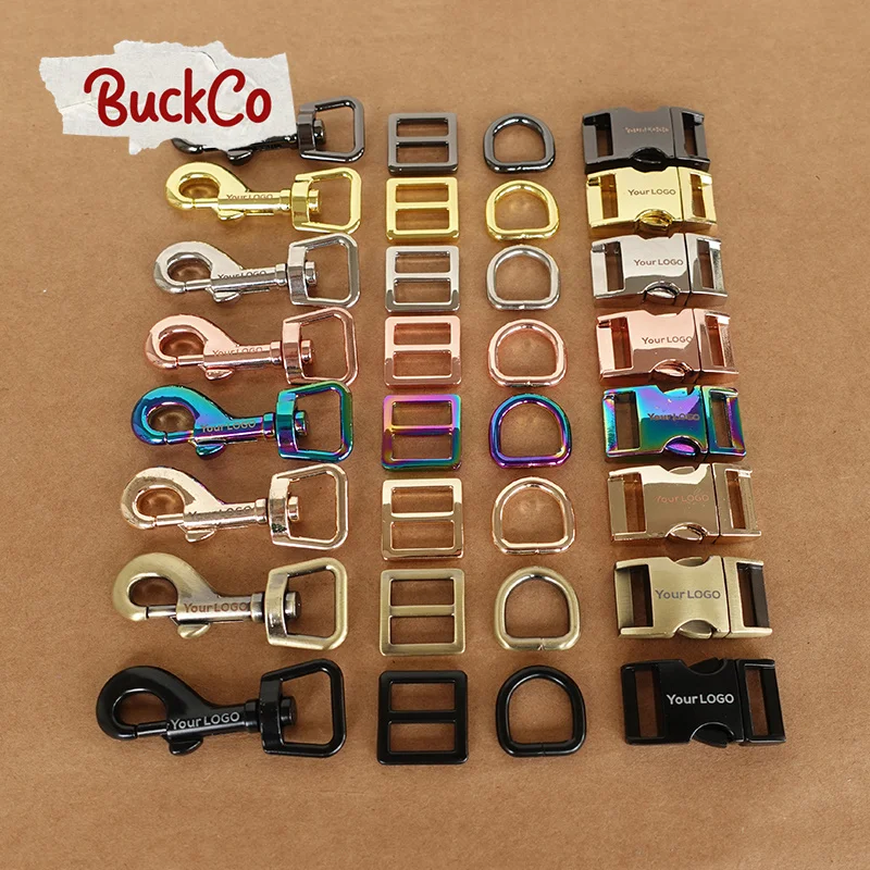 

50pcs/lot Engraved(metal buckle+adjust buckle+D ring+metal dog clasp)15mm webbing plated metal buckle dog collar parts 8 colours