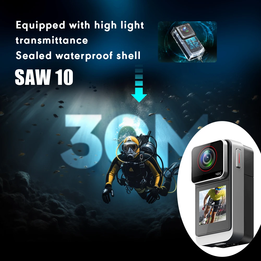 

Спортивная камера 4K с двумя экранами и Wi-Fi 150 ° Широкоугольная мини-камера для шлема SAW10 для велопутешествий и видеоблогов, водонепроницаемая до 30 м, с чехлом