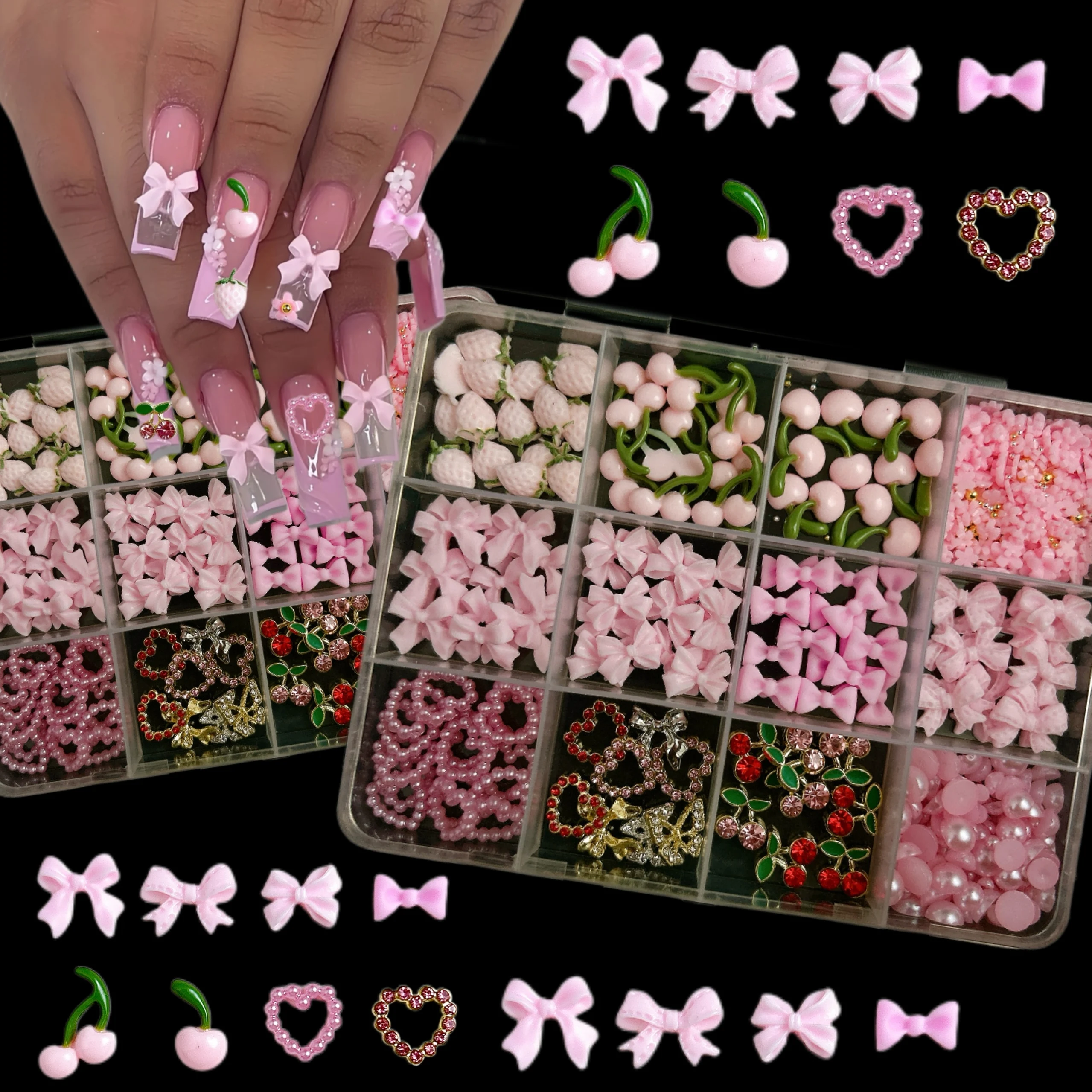 

1Box Multiple Style Butterfly Rose Dragonfly Resin Nail Charms Simulated Cherry Mushroom Alloy Heart Nail Art Decorations DIY