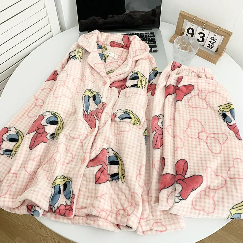 Kawaii Duck Pink Pajama Sets Women Warm Sleepwear Christmas Shoujo Girl Aesthetic Clothes Fluffy Long Sleeves Button Nightwear