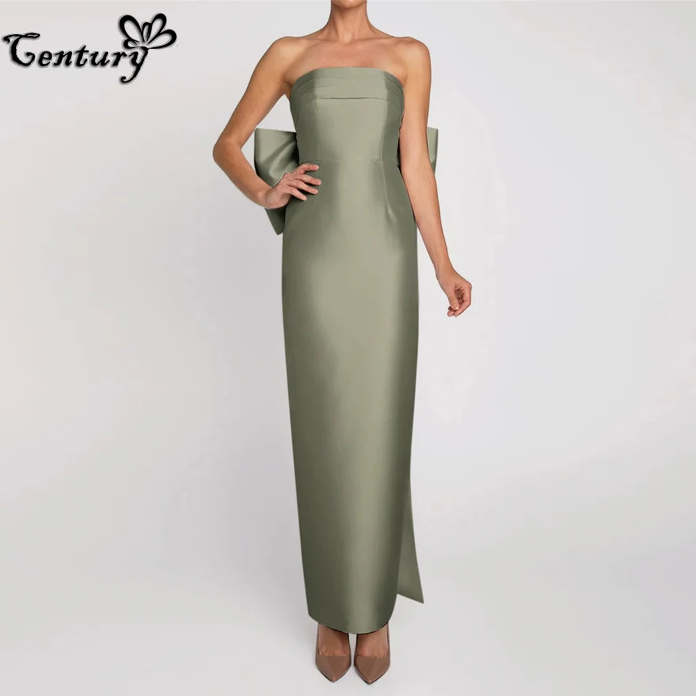 

Sage Green Prom Dress Long 2024 Big Bow Backless Strapless Simple Satin Pageant Evening Gowns Robe De Soiree Customized