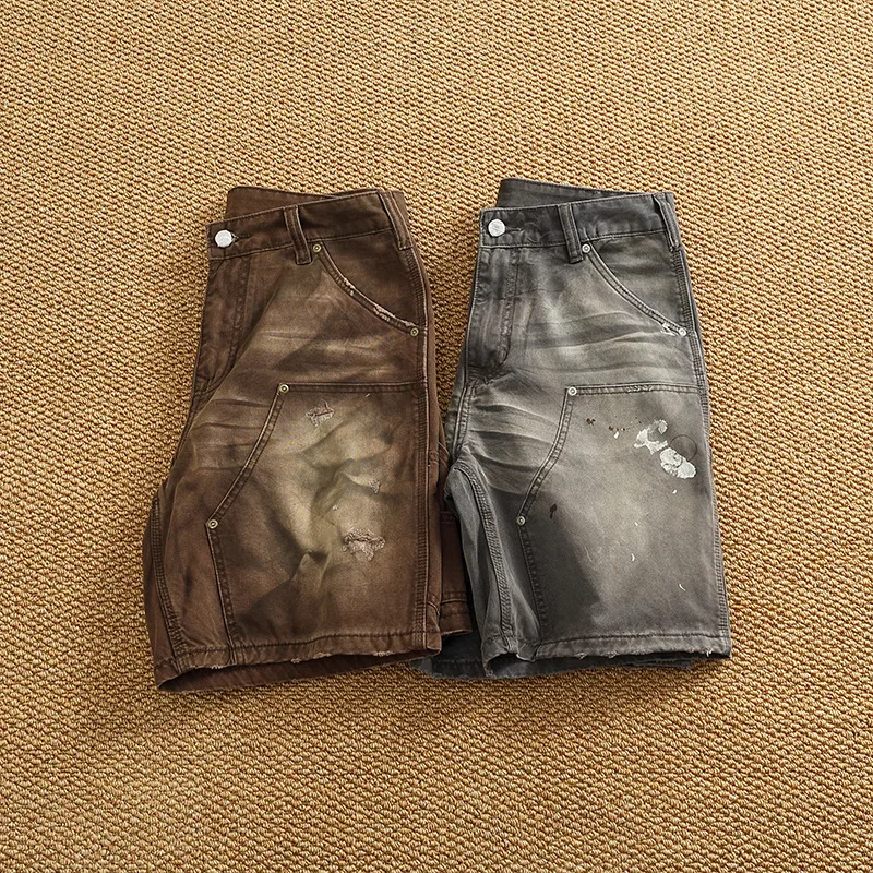 

Retro vintage denim shorts for men, high-quality, fashionable, nostalgic, heavyweight washed workwear, cropped pants