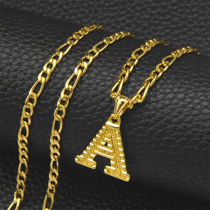 Shamty A-Z Letters Pendant Necklaces For Women Men Girls English Initial Alphabet Figaro Chains Gold Color Jewelry Couple Summer