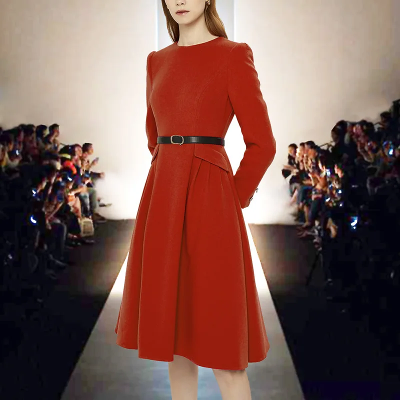 

2025 New Red Solid Women Dress Long Sleeve O-Neck Sheath OL Work Dresses With Belt 7308