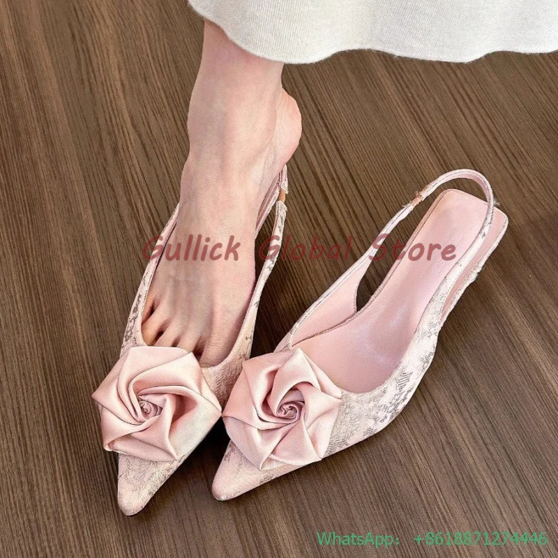 2024 New Arrival Satin Pointed Toe Rose Decoration Shallow Wrapped Toe Slingback Pumps Elastic Band Summer Dress Grace Cheap