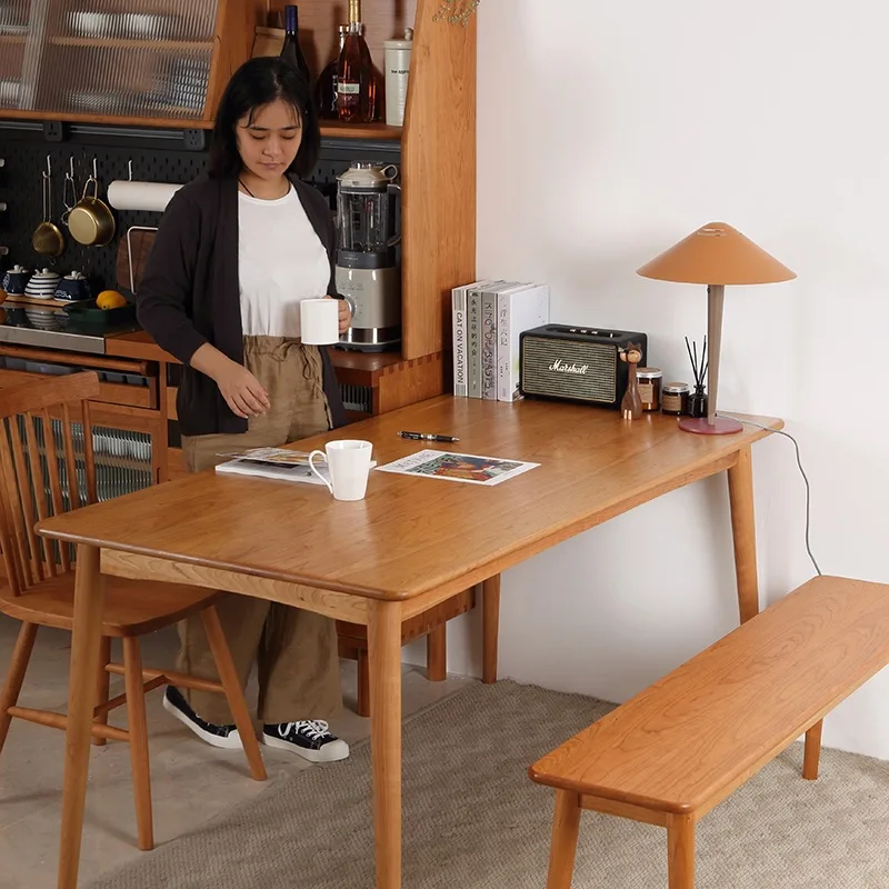 Pure solid wood dining table, small apartment dining room furniture, cherry wood log , white oak simple