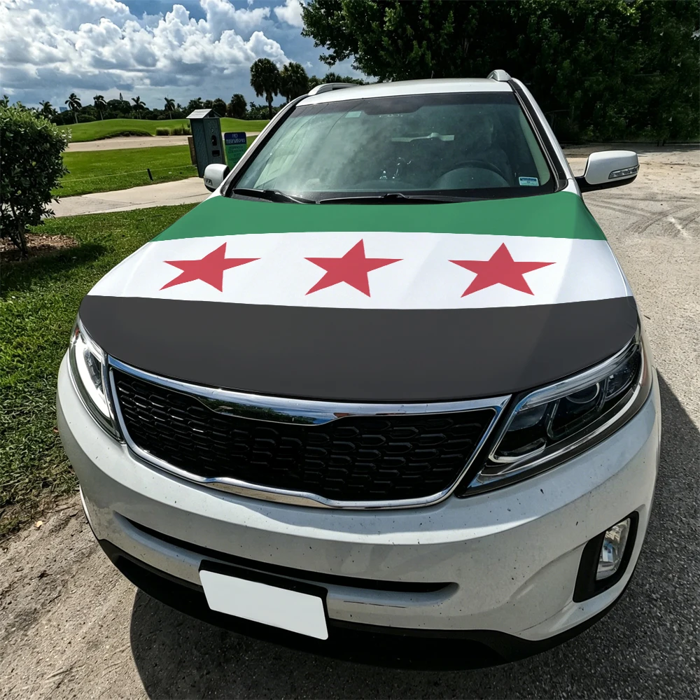 3.8x5.3ft Syria Car Hood Cover Flag three stars Syrian SAR Car Bonnet Banner Elastic Fabrics Windproof Patriotic Automotive