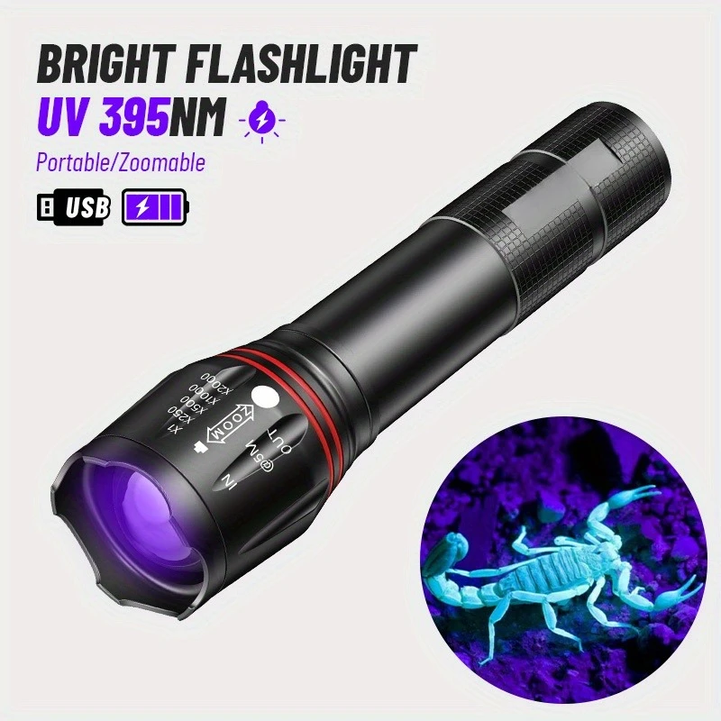 

395nm UV T6 LED Flashlight Rechargeable Zoomable Torch with 800mAh Battery for Invisible Ink Resin Curing Pet Stain Detection