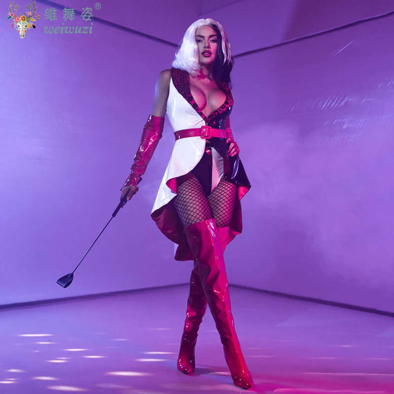 

Halloween Cruella Cosplay Costume Black and White Witch Wig Elegant Spotted Dress Clown Suit Halloween Women's Sexy Evening Gown