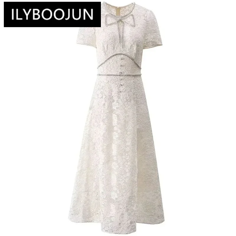 Fashion Designer Summer Women's Dress Vintage Heavy Diamond Bow Flowers Embroidery Hollow Out Pearlsb Button Dresses