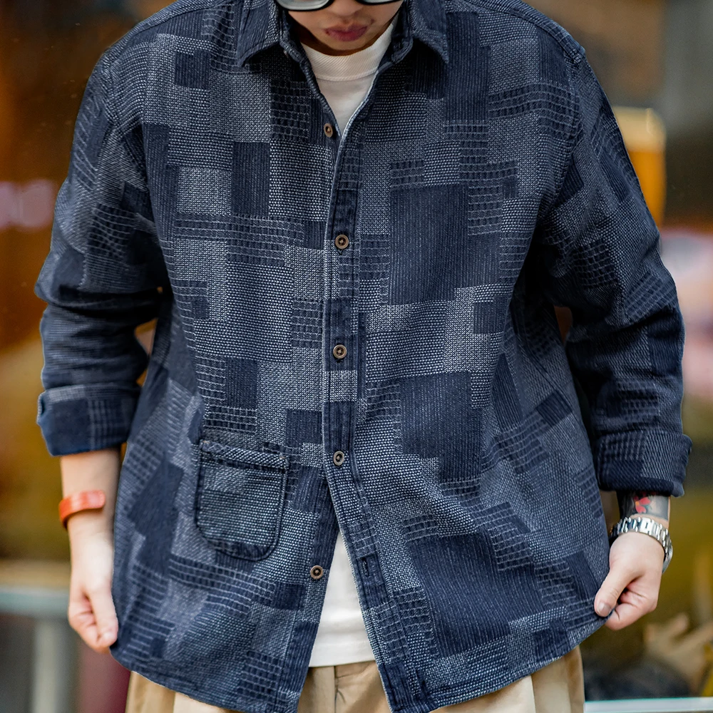 Maden Boro Style Vintage Blue Cloth Shirts for Men Plaid Patchwork Long Sleeve Shirts Regular Fit Top Daily Casual Wear