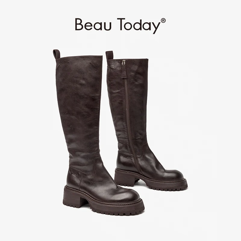 

BeauToday Long Boots Women Round Toe Chunky Sole Square Heel Genuine Horse Leather Casual Spring Autumn Ladies Shoes 01583