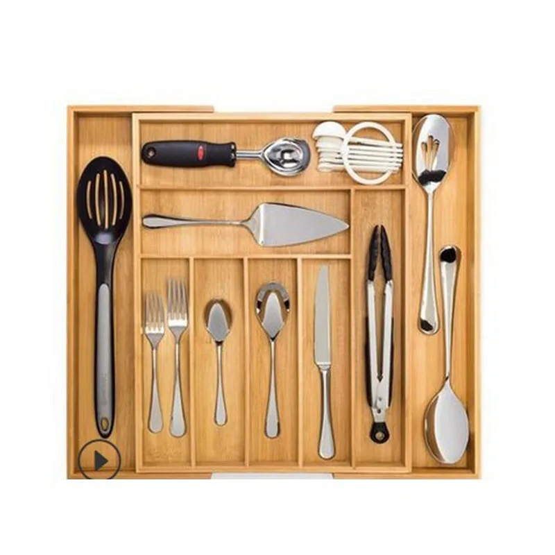 Bamboo kitchen knife storage box, retractable knife and fork segmentation box, drawer type tableware storage box