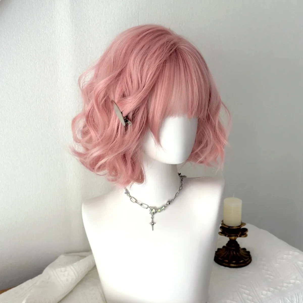 Short Pink Lolita Hair High Quality Synthetic Wigs with Bangs Short Pink Curly Bob Hair Fake For Women Lolita Heat Resistant