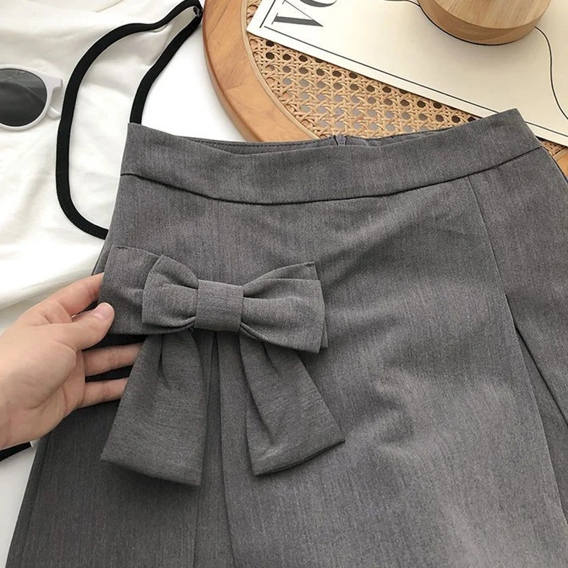 Rimocy Big Bowknot A Line Mini Skirt Women Korean Fashion High Waist Shorts Skirts Woman Preppy Style Split Gray Skirts Female