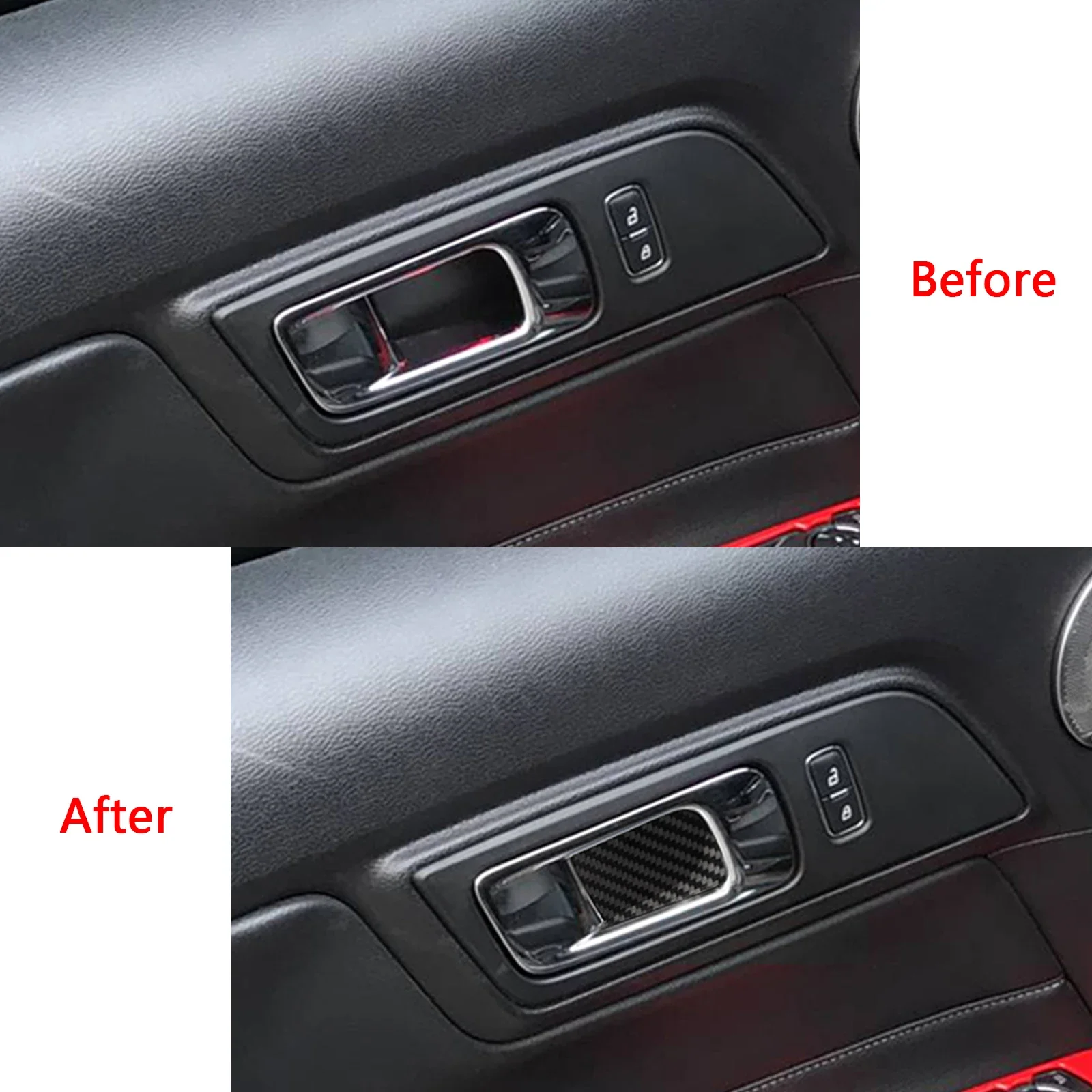 2pcs Real Carbon Fiber Interior Bar Door Handle Bowl Cover Molding Trims Stickers For Ford Mustang 2015-up