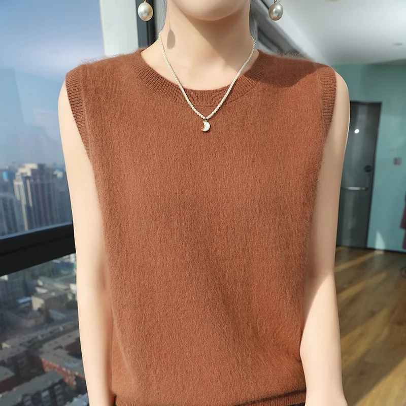 Women's O-Neck Spring and Autumn 100% Mink Cashmere Vest Ladies Sleeveless Outdoor Casual Pullover Sweater Loose Knit Office Top