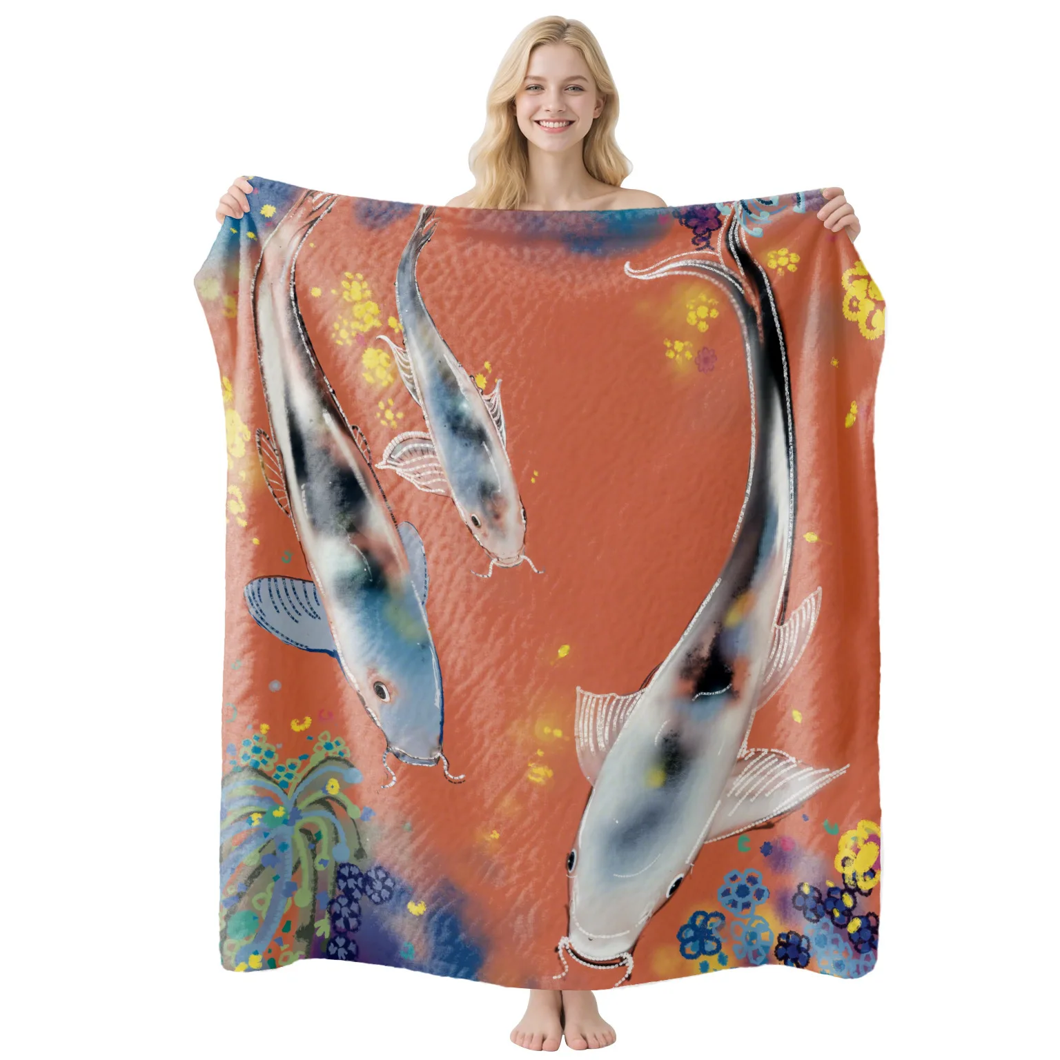Blanket Throw Japanese Koi Fish Carp Swimming Water Print Soft Cozy Sofa Bed Blankets Zen Aesthetic Room Decor Gift Blanket