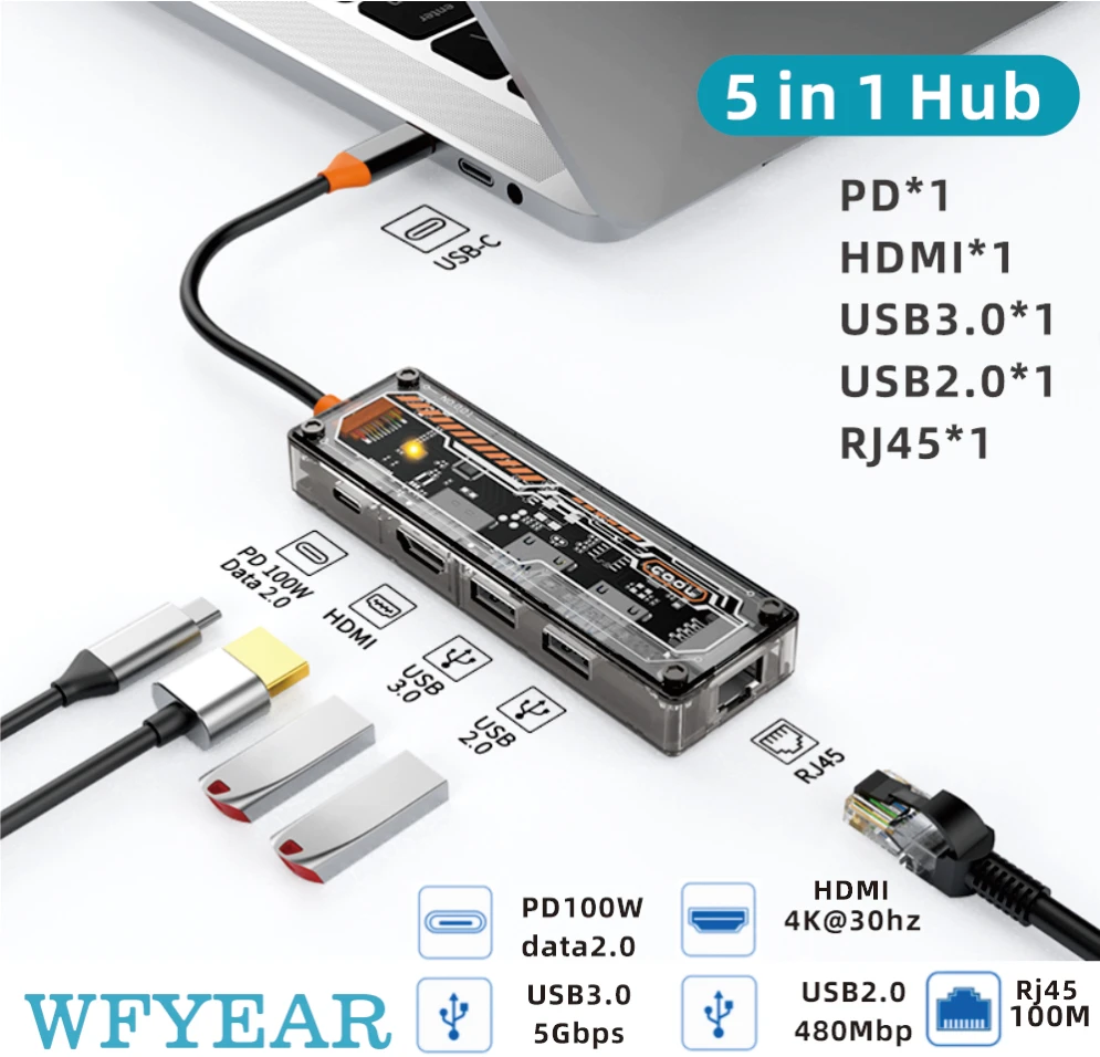 5 in 1 Multi-function Power Delivery Fast Charger RJ45 USB 3.0 Ports Docking Station Adapter Transparent Mini USB C Hub