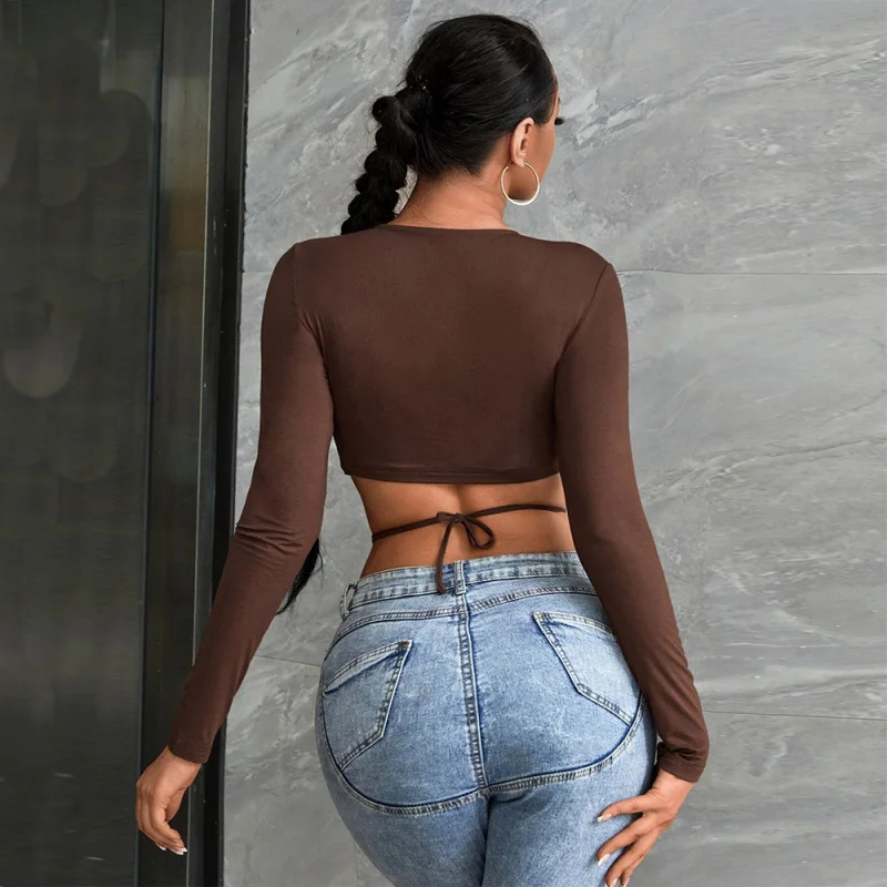 

Sexy Hollow out Slim Fit T-irt Women's V-Ne Belly Baring Top Polyester Cotton Blend Long Sve Spring Summer Faion