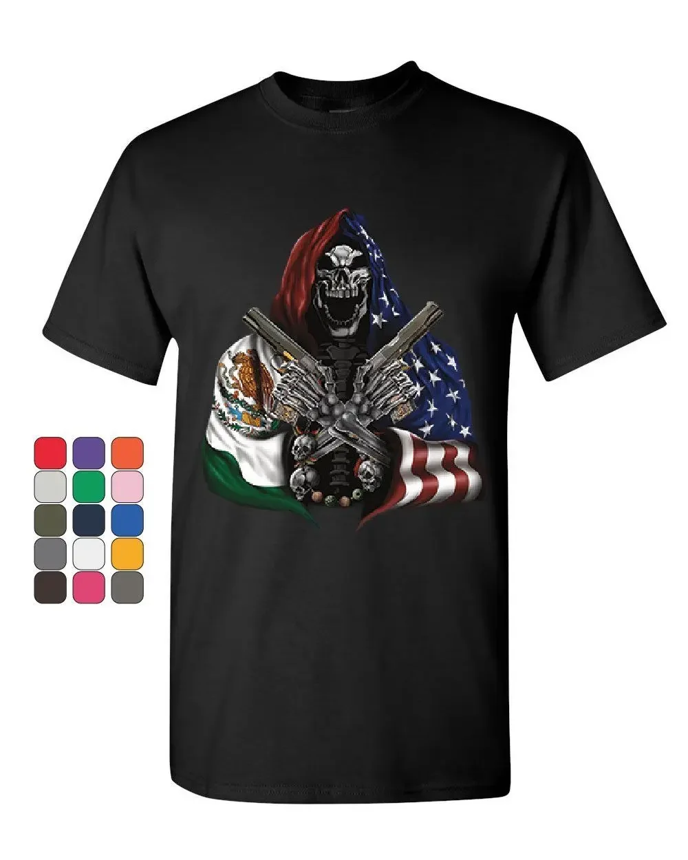 

Novel American Mexican Flag Patriot Skeleton Hitman with Guns T-Shirt. Summer Cotton Short Sleeve O-Neck Mens T Shirt New S-3XL