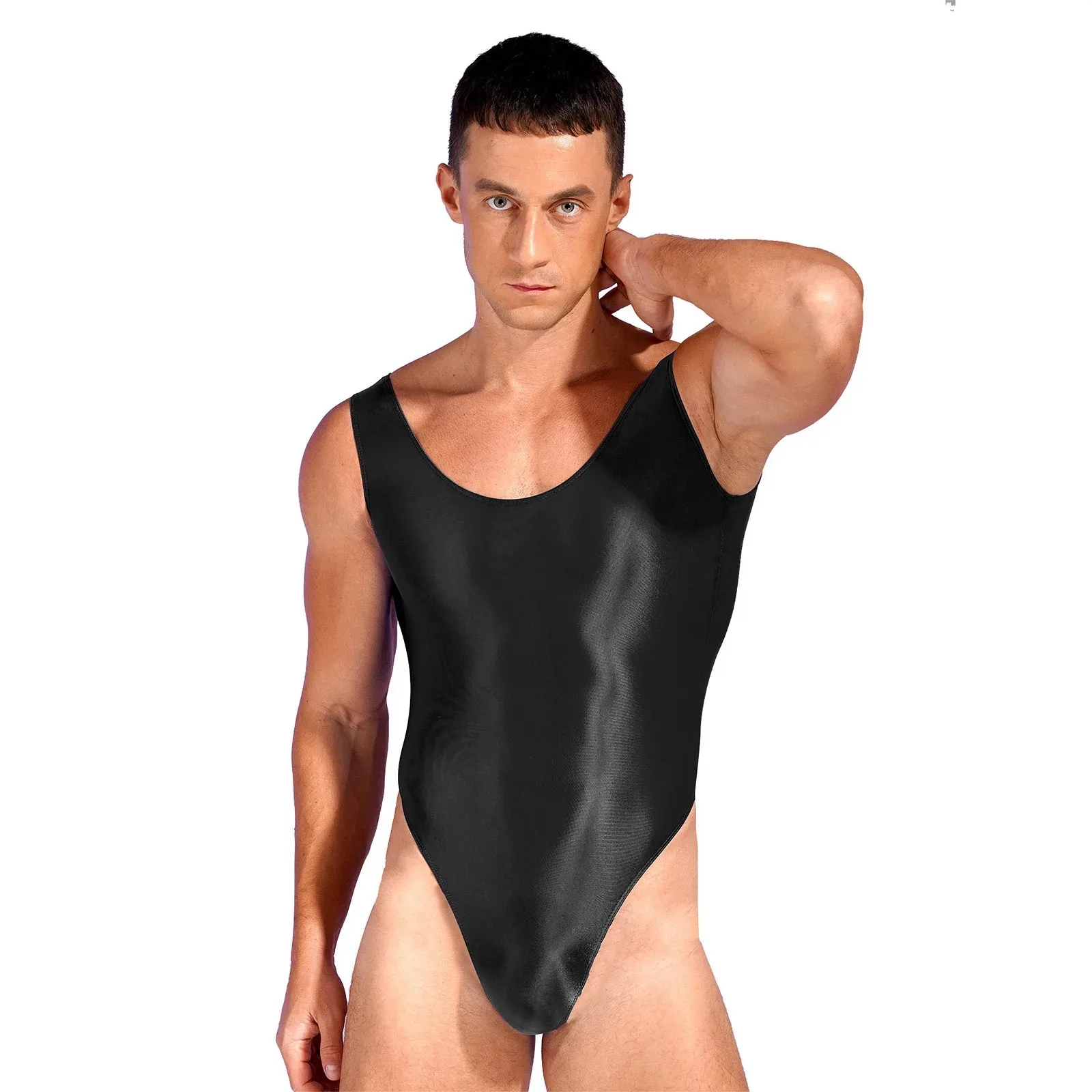 Mens Glossy Stretchy Solid Color Bodysuit Swimwear Lingerie One Piece Skinny Swimsuit Backless Sleeveless Vest Leotard Underwear