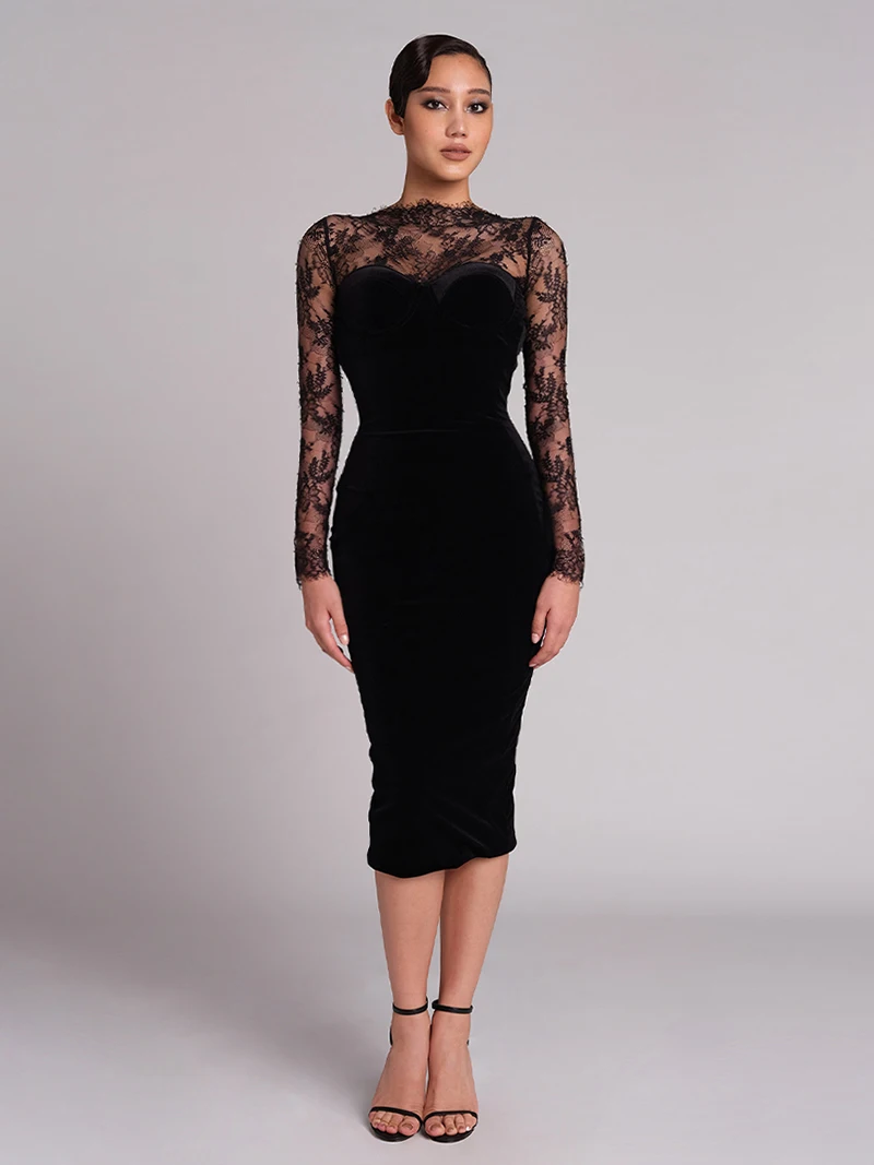 Vestido de noite e de renda sem costas f high-end luxo estilo deusa e moda crimento médio manga longa