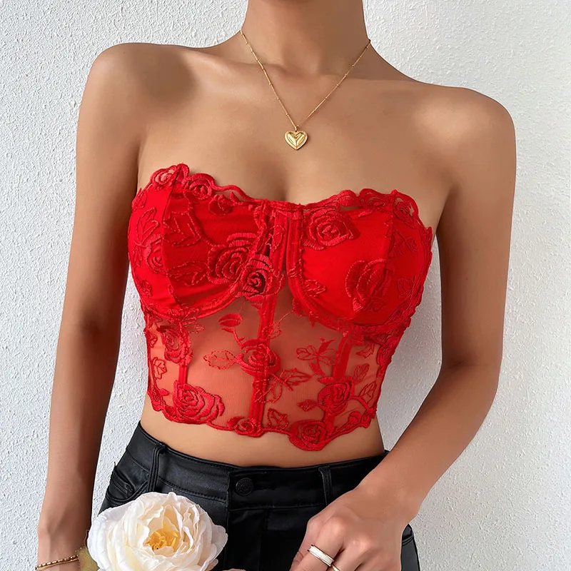 Corsets for Women Sexy Sleeveless Off Shoulder Mesh Corset Crop Tops for Women Vintage Rose Embroidery Bustier Top