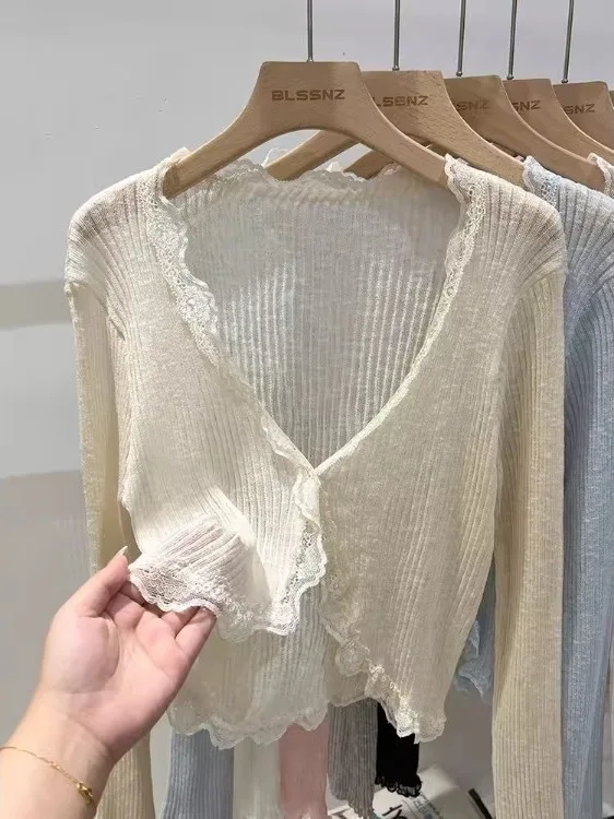 Lace Trim V-Ne Knitted Cardigan Women's Summer awl Outerwear Ice Silk Korean Sle Top Long Sve ort Length  Color
